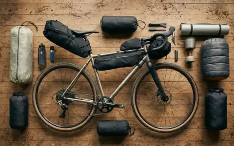 Ein Gravelbike mit Bikepacking-Taschen, Schlafsack, Isomatte und Kocher bereit für ein Abenteuer.