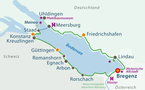 Karte des Bodensees mit Radfernwegen Deutschland. Routen verbinden Orte wie Konstanz, Lindau und Bregenz.