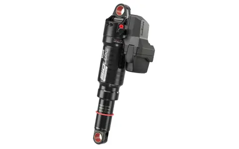 Schwarzer RockShox Flight Attendant Dämpfer mit elektronischer Steuerung.
