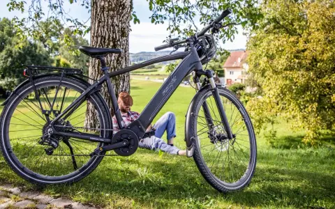 Fischer Viator 6.0i Test: Ein Mann entspannt sich im Schatten eines Baumes neben seinem E-Bike.