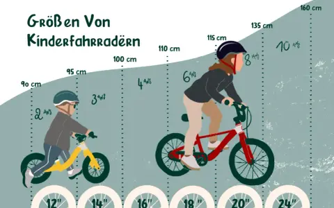 Illustration zeigt Kinderfahrräder in verschiedenen Größen, passend für unterschiedliche Alters- und Größenangaben, z.B. 2 Jahre, 6 Jahre, 8 Jahre.
