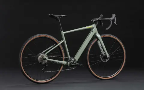Grünes Cannondale Topstone Neo SL 2 Gravelbike mit braunen Reifen. Das geringe cannondale topstone neo sl 2 gewicht macht es agil.