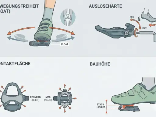 Illustrationen zeigen, wie man klickpedale einstellen kann: Bewegungsfreiheit (Float), Auslösehärte, Kontaktfläche und Bauhöhe.
