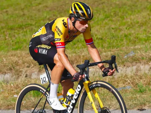 Radsportler in gelb-schwarzer Teamkleidung, der auf einem Rennrad fährt. Die Nummer 141 ist sichtbar. Ein Beispiel für professionelle cycling transfers.