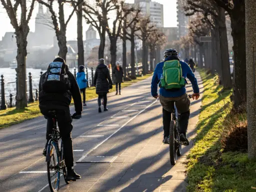 Genießen Sie eine entspannte **Rhein Fahrradtour** entlang des Ufers. Die Sonne wirft lange Schatten auf den Weg.