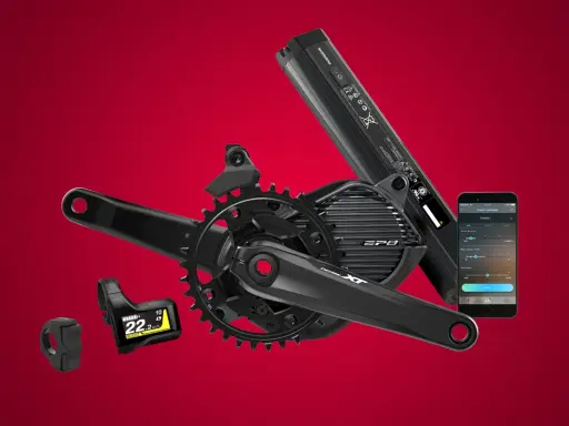 Shimano EP8 Motor-System mit Akku, Kurbelgarnitur, Display und Smartphone-App für individuelle E-Bike-Einstellungen.
