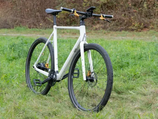 Ein weißes Rose Sneak Plus Fahrrad steht auf einer grünen Wiese. Goldene Akzente an den Bremsen und der Nabe.