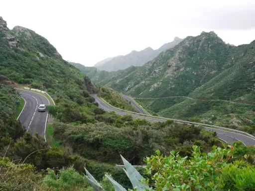 Serpentinenstraße auf Teneriffa, ideal für eine Rennradtour durch grüne Berge. Ein Auto fährt auf der kurvenreichen Straße.