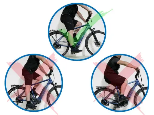 Die richtige Höhe des Fahrradsattels einstellen: Oben korrekt, unten falsch. Eine Tabelle zur Orientierung.
