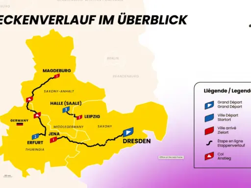 Streckenverlauf der Tour de France Deutschland: Von Magdeburg über Halle, Jena und Erfurt nach Dresden.