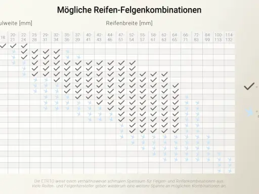 Tabelle zeigt mögliche Reifen-Felgenkombinationen. Suche nach Fahrradreifen 28 Zoll welche Breite? Hier findest du die passende Maulweite.
