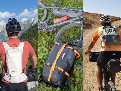 Bikepacking mit Rucksack: Mann mit weißem Rucksack vor Bergpanorama, Fahrrad mit Gepäcktaschen im Gras, Radfahrer mit Rucksack auf staubiger Piste.