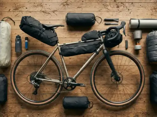 Ein Gravelbike mit Bikepacking-Taschen, Schlafsack, Isomatte und Kocher bereit für ein Abenteuer.
