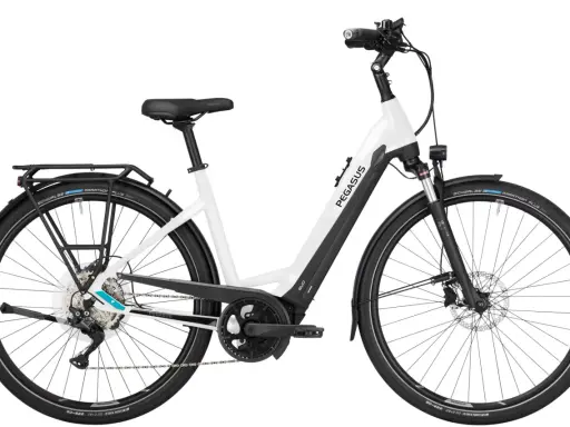 Weißes Pegasus Premio Evo 10 E-Bike mit Gepäckträger und Schwalbe Marathon Plus Reifen. Ein tolles Rad für den Pegasus Premio Evo 10 Test.