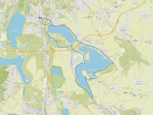 Karte zeigt eine Radtour um den Cospudener und den Stormthaler See bei Leipzig.