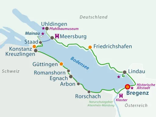 Karte des Bodensees mit Radfernwegen Deutschland. Routen verbinden Orte wie Konstanz, Lindau und Bregenz.