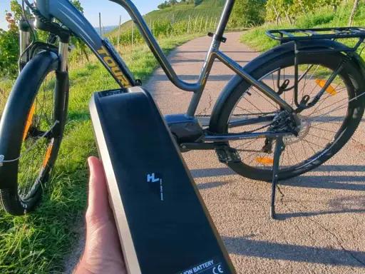 E-Bike Akku wird abgenommen, um das E-Bike zu reinigen. Die Sonne scheint auf die Weinberge.