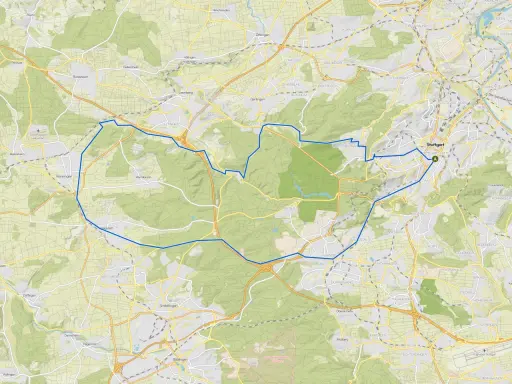 Karte mit markierter Route für eine Radtour rund um Stuttgart, vorbei an Orten wie Renningen, Leonberg und dem Flughafen.
