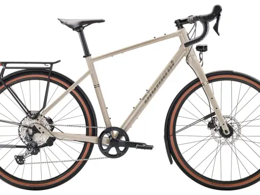 Beiges Diamant Nhomatest Gravelbike mit Gepäckträger und Schutzblechen, bereit für jedes Abenteuer.