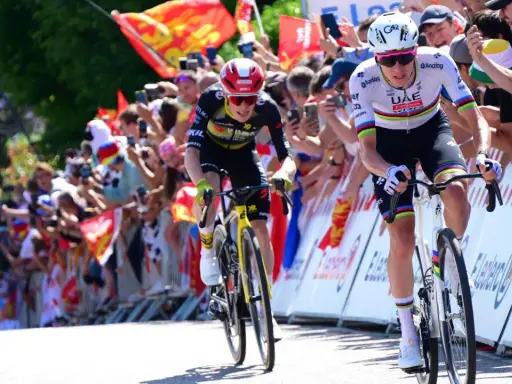 Jonas Vingegaard im Kampf um den Sieg bei der Tour de France, umgeben von jubelnden Fans.