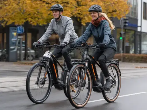 Ein Mann und eine Frau fahren mit ihren Pedelecs durch die Stadt. Was ist ein Pedelec? Ein Fahrrad mit elektrischer Unterstützung, das das Fahren erleichtert.