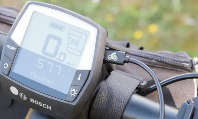 Bosch Purion Display mit Kabel für Handy-Verbindung. Zeigt Geschwindigkeit und Akkustand an.
