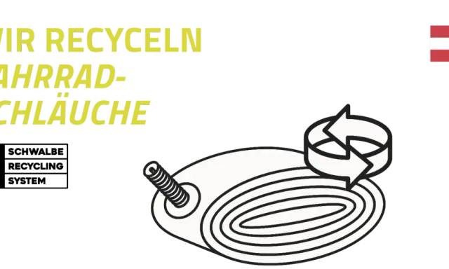 Wir recyceln Fahrradschläuche. Ein aufgerollter Schlauch mit Ventil und Recycling-Symbol.