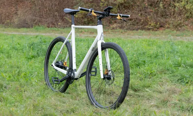 Ein weißes Rose Sneak Plus Fahrrad steht auf einer grünen Wiese. Goldene Akzente an den Bremsen und der Nabe.