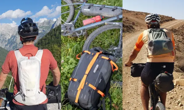 Bikepacking mit Rucksack: Mann mit weißem Rucksack vor Bergpanorama, Fahrrad mit Gepäcktaschen im Gras, Radfahrer mit Rucksack auf staubiger Piste.