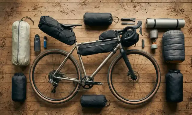 Ein Gravelbike mit Bikepacking-Taschen, Schlafsack, Isomatte und Kocher bereit für ein Abenteuer.