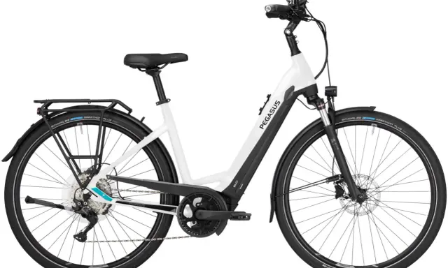 Weißes Pegasus Premio Evo 10 E-Bike mit Gepäckträger und Schwalbe Marathon Plus Reifen. Ein tolles Rad für den Pegasus Premio Evo 10 Test.
