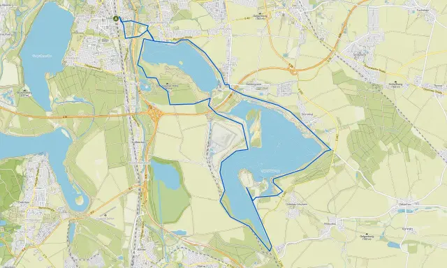 Karte zeigt eine Radtour um den Cospudener und den Stormthaler See bei Leipzig.