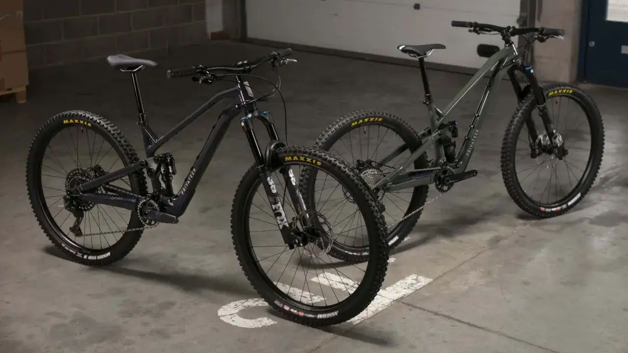 Zwei Mountainbikes der Marke Privateer stehen nebeneinander. Eines ist dunkelgrau, das andere olivgrün.