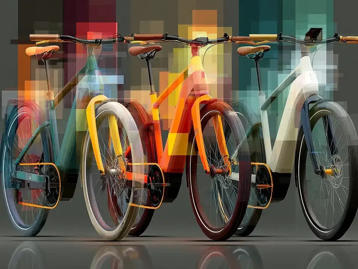 Mehrere bunte Pedelecs in abstrakter Darstellung. Ein Pedelec ist ein Fahrrad mit elektrischer Tretunterstützung.