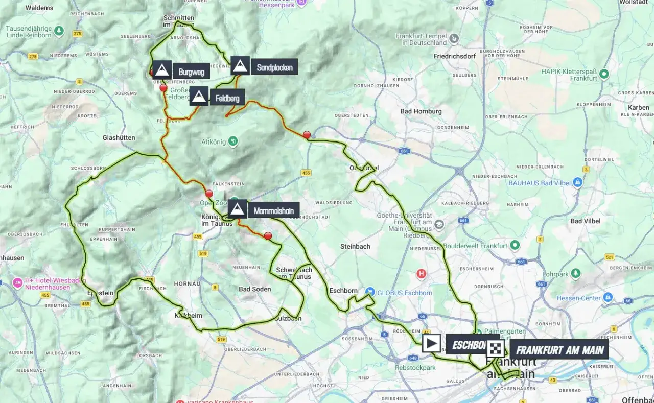 Die Karte zeigt die Eschborn-Frankfurt Strecke mit Highlights wie Feldberg und Mammolshain.