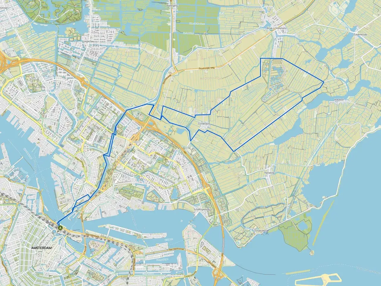Karte von Amsterdam mit markierter Route für eine Fahrradtour durch die Polderlandschaft und entlang von Kanälen.