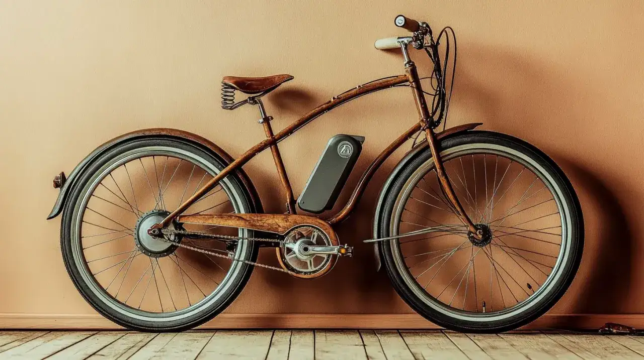 Holz-E-Bike mit stilvollem Rahmen und integriertem Lithium Ionen Akku. Eine moderne Interpretation der Fahrradgeschichte.