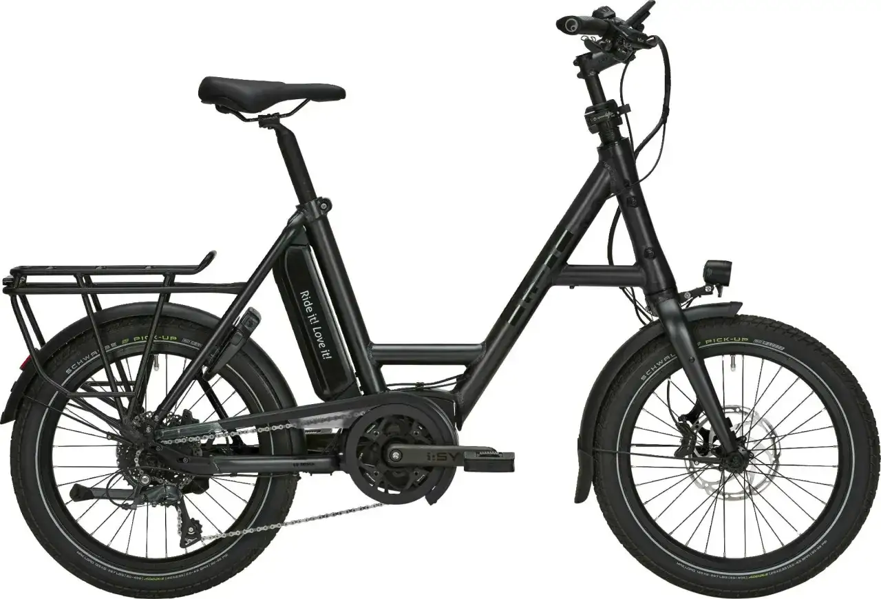 Schwarzes i:SY E-Bike mit Gepäckträger, das bei Stiftung Warentest gut abschnitt.