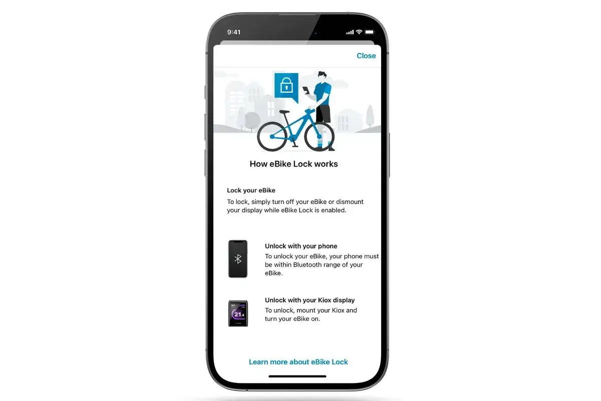 Bosch eBike Lock Erfahrungen: App zeigt, wie das E-Bike per Smartphone oder Kiox-Display gesichert wird.