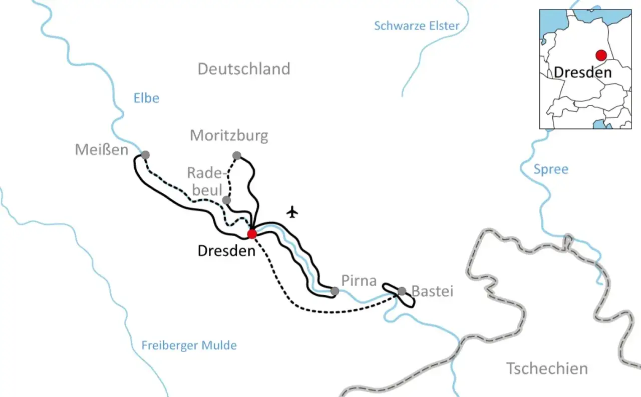 Karte einer Fahrradtour von Meißen über Moritzburg und Radebeul nach Dresden, weiter nach Pirna und zur Bastei.