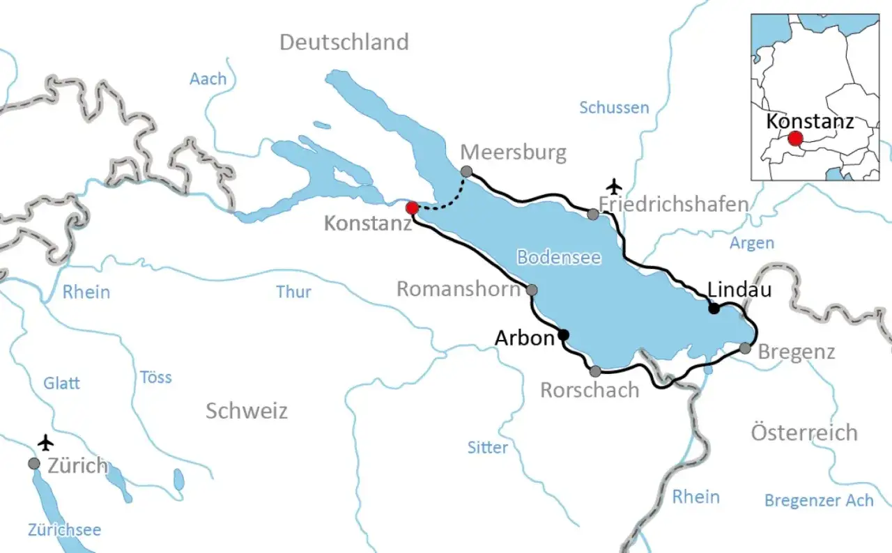 Karte der Bodensee Umrundung mit dem Rennrad, Startpunkt Konstanz.