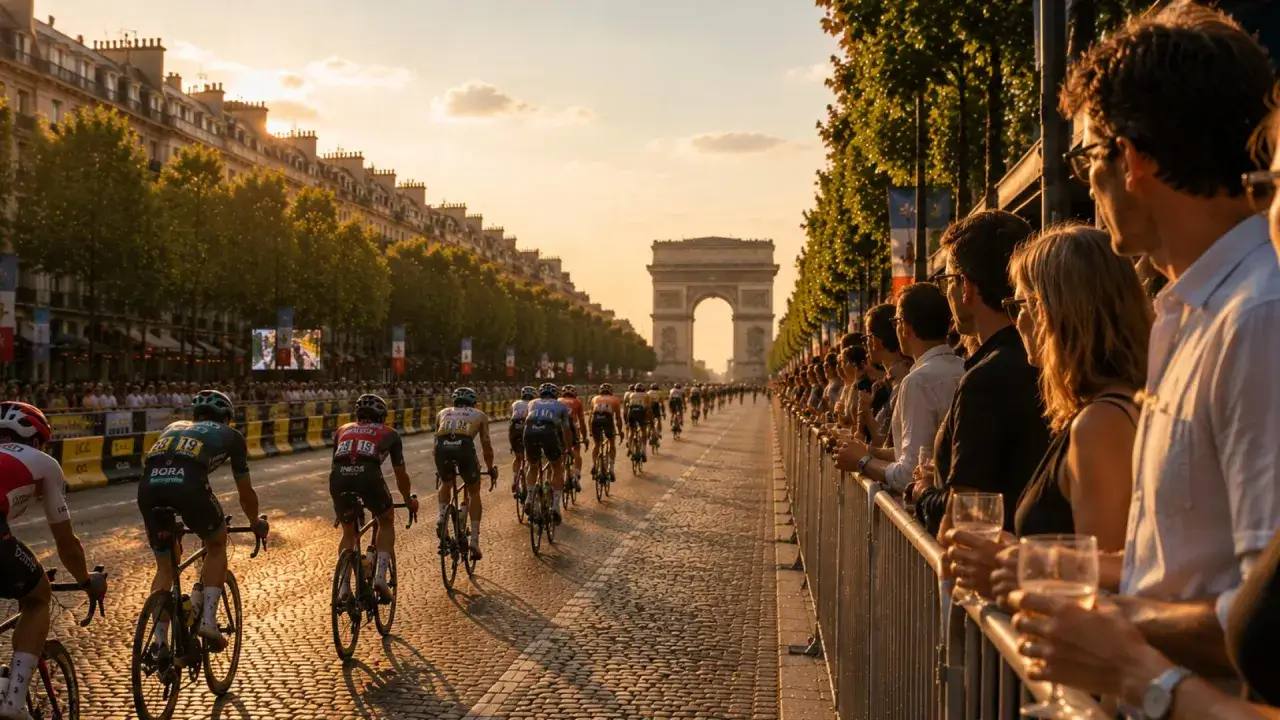 Radfahrer auf Kopfsteinpflaster unter dem Triumphbogen, ein spannender tour de france ende. Zuschauer jubeln am Straßenrand.