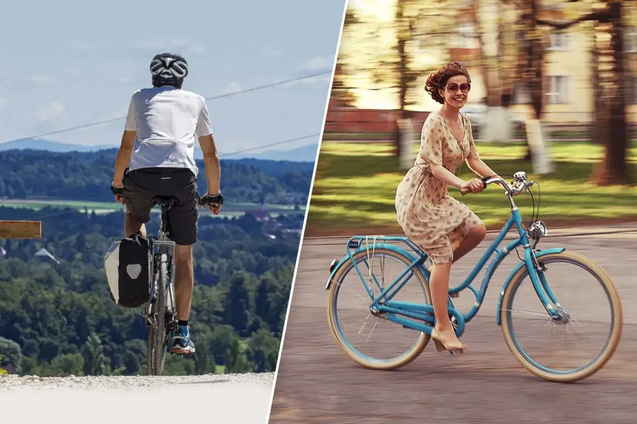 Mann auf Trekkingrad in den Bergen, Frau auf Citybike im Park. Der Unterschied zwischen Trekking und City Bike wird deutlich.