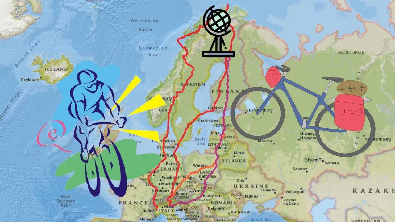 Radweg von Nordkap 4000 km durch Europa. Radfahrer und Fahrrad auf Karte.