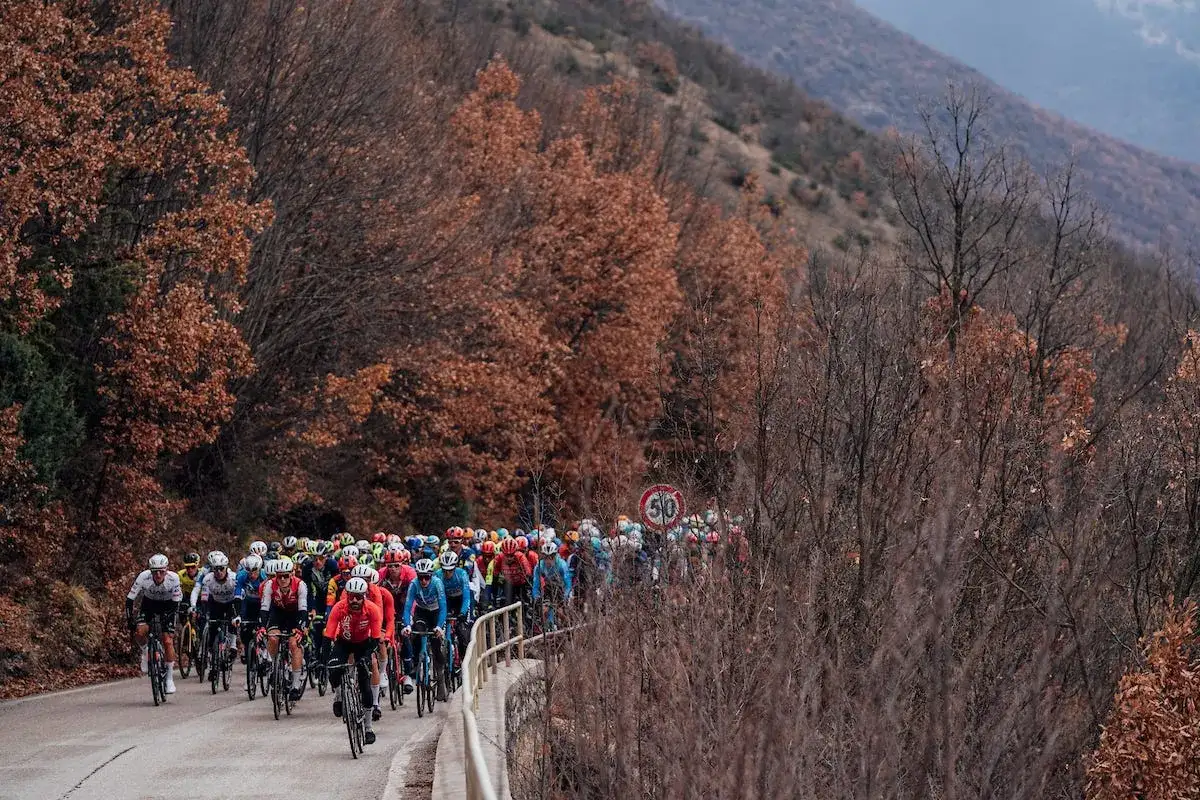 Radfahrer im Peloton kämpfen sich durch eine herbstliche Landschaft, ein Bild der Anstrengung beim Tirreno Adriatico.