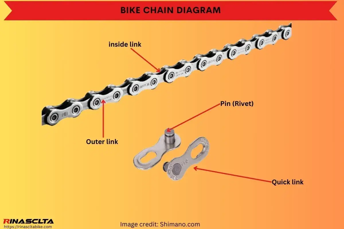 Diagramm einer Fahrradkette mit Beschriftungen für Innen- und Außenlaschen, Nieten und Kettenschloss. Erläutert die Shimano Ketten Unterschiede.
