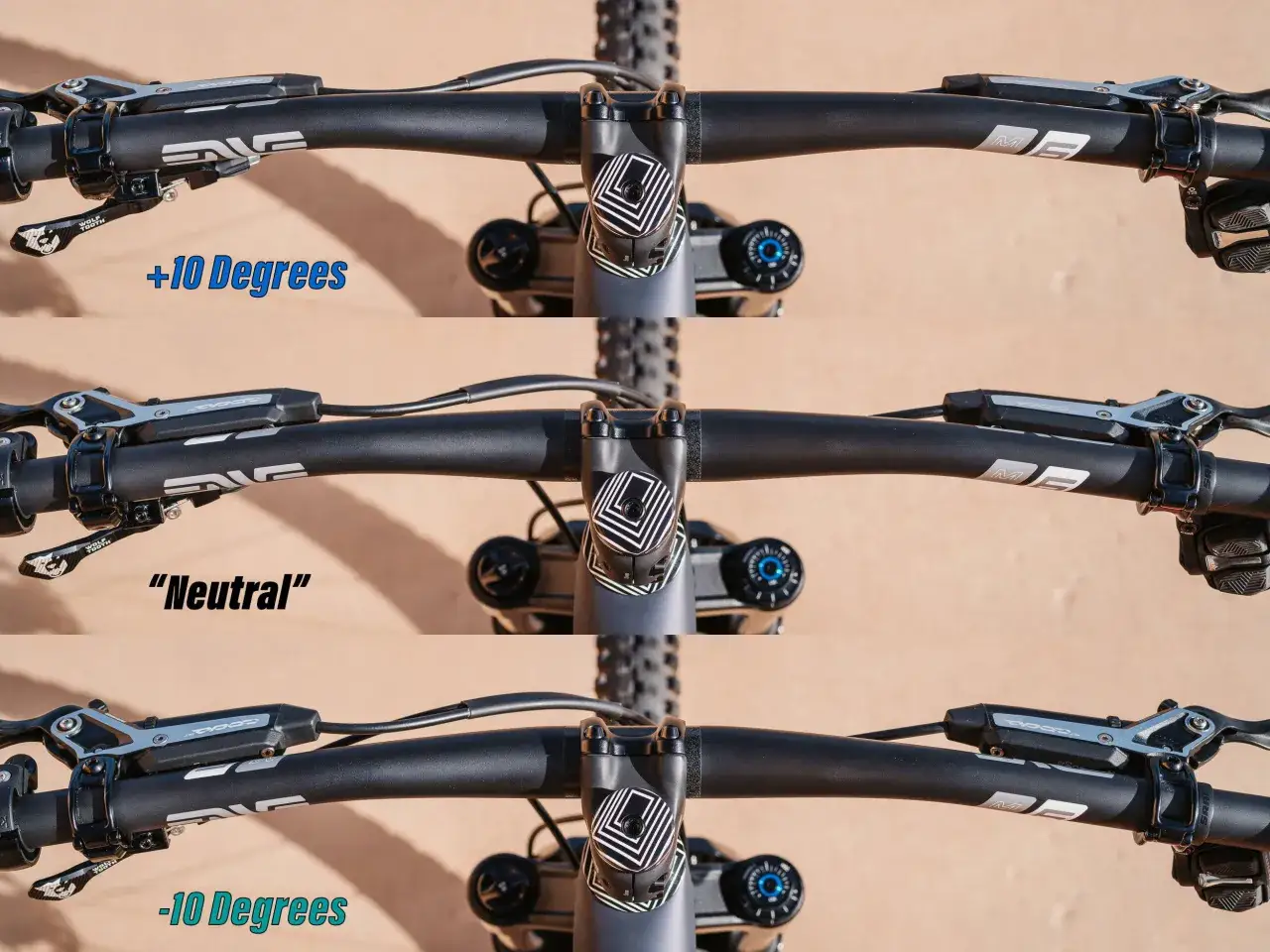 Drei Ansichten eines MTB-Lenkers, die zeigen, wie man den mtb lenker einstellen kann: +10 Grad, Neutral und -10 Grad.