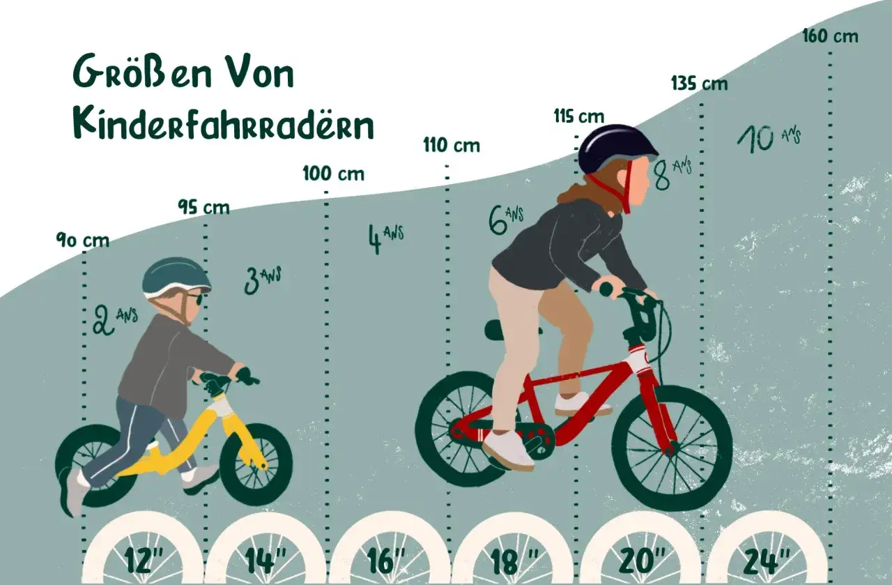 Größen von Kinderfahrrädern: Ein 4-jähriges Kind fährt ein 16-Zoll-Rad. Die Grafik zeigt Größen von 12 bis 24 Zoll.