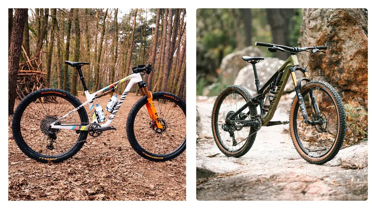 Zwei Mountainbikes, eines wei&szlig; mit bunten Akzenten im Wald, das andere gr&uuml;n auf felsigem Untergrund. Die letzten Bikes f&uuml;r dein n&auml;chstes Abenteuer.