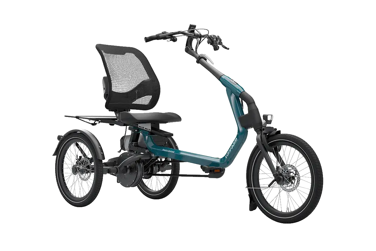 Ein tealfarbenes Easy Rider Bike mit drei Rädern, einem bequemen Sitz und Netzrückenlehne.